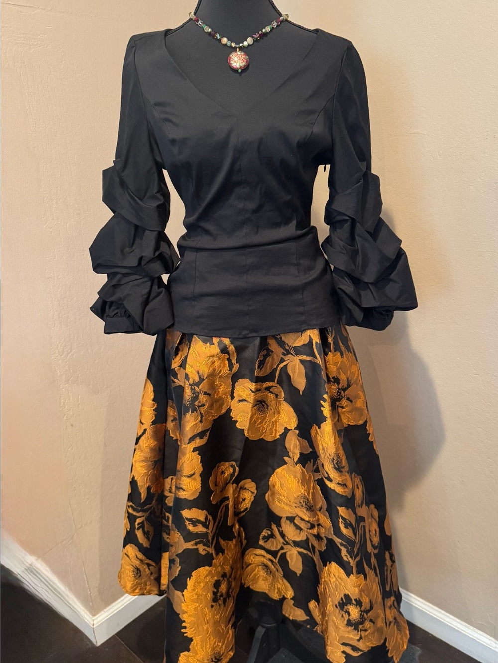 Black A-Line Skirt with Gold Floral Jacquard w/Black Poplin Ruffle Sleeve Blouse